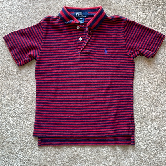 Polo Ralph Lauren Red Navy Striped Short Sleeve Logo Polo Shirt 4/4T Preppy - Picture 1 of 6